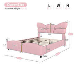 Queen Size Upholstered PU Leather Bed Frame, with Butterfly Shaped Headboard and Footboard, Platform Bed Frame with Gold Metal decorations, No Box Spring Needed, Light Pink
