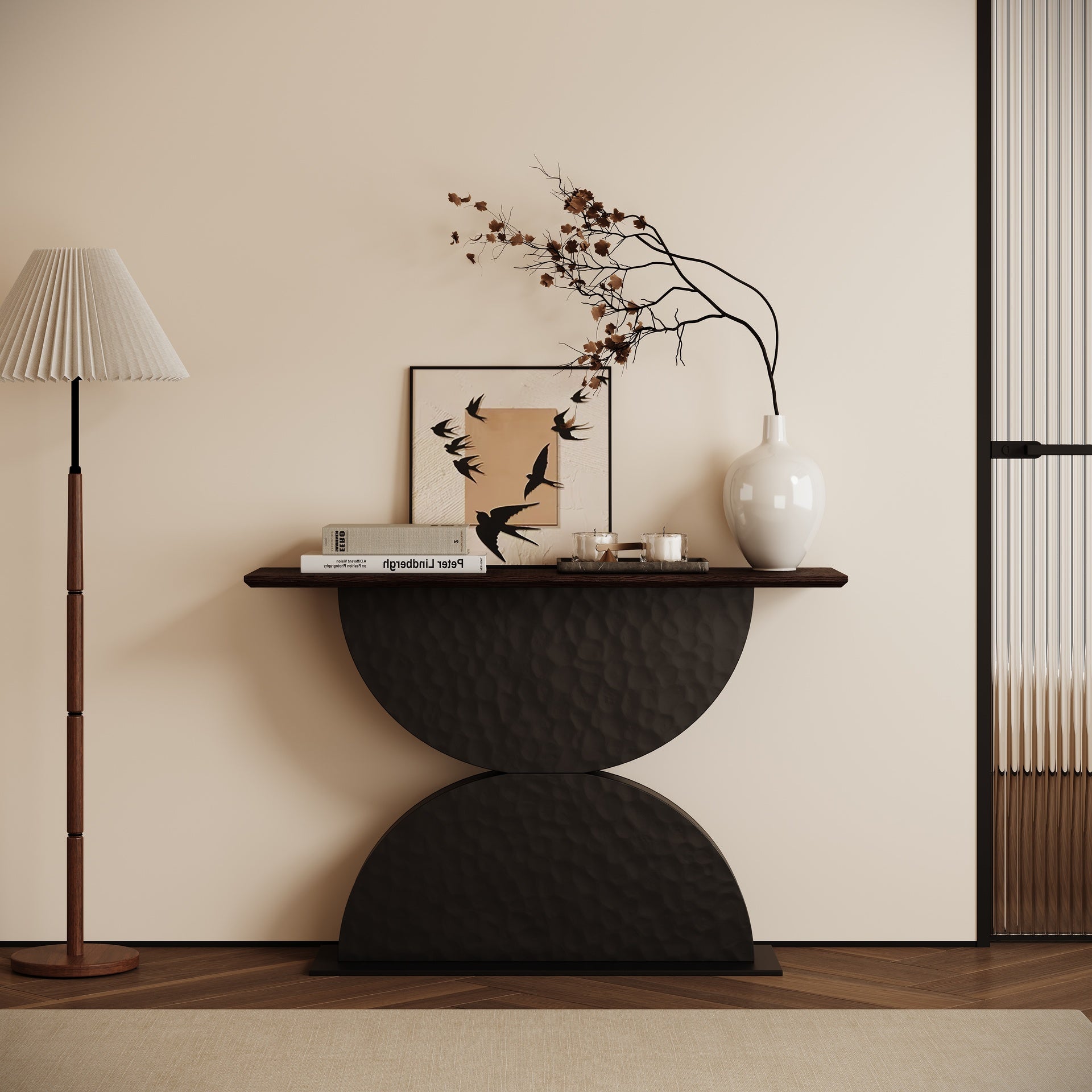 47''Double Semi-Circles 3d Hammer-Shaped Texture Base Wood Console Table With Led Light Entryway Table Modern Console Table,Sofa Console Tables For Living Room