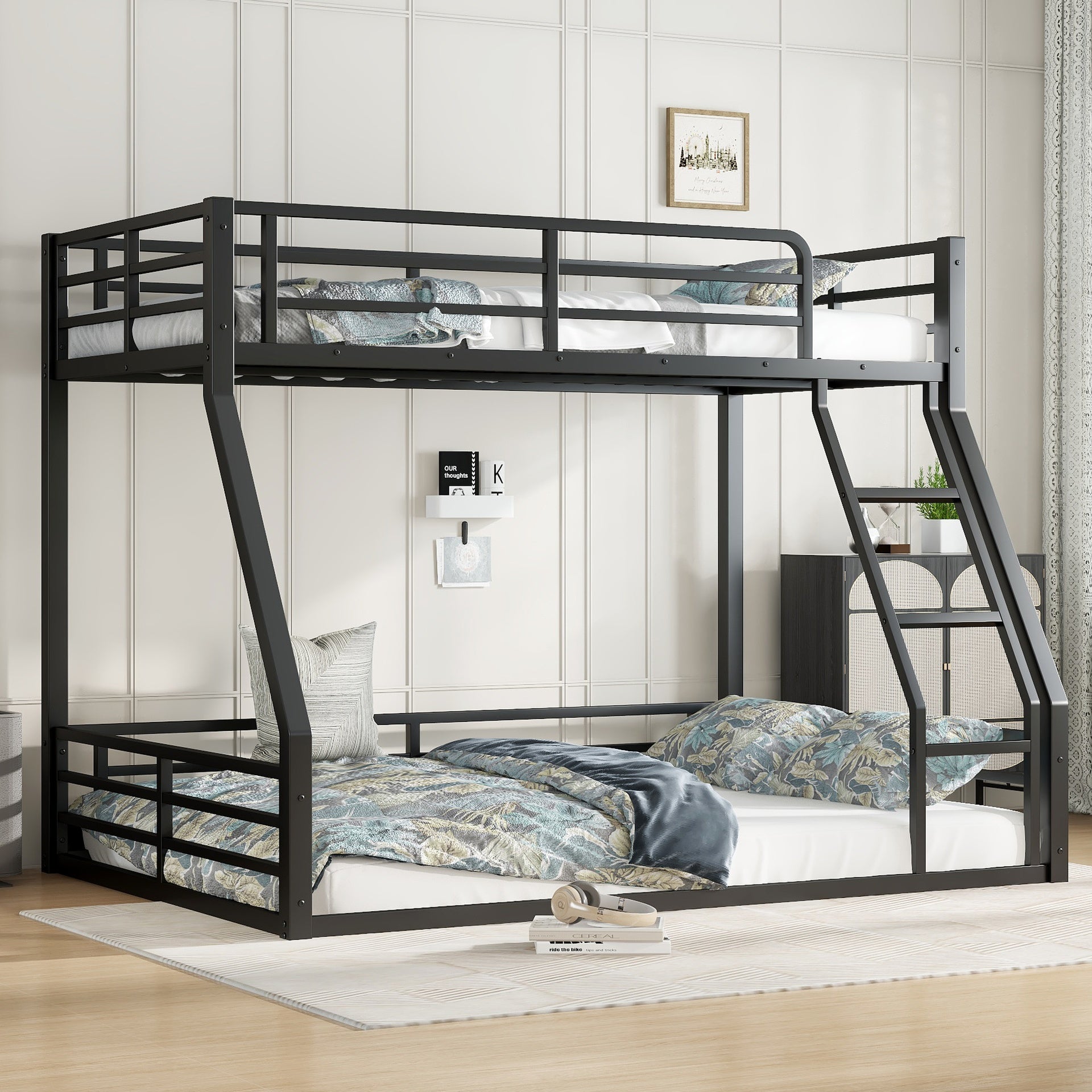 Metal Bunk Bed, Twin XL over Queen Floor Bunk Bed Frame, Heavy-Duty Bunk Bed for Kids, Teens, Adults, Noise-reduced Design, Black