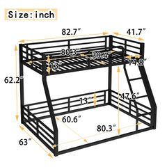 Metal Bunk Bed, Twin XL over Queen Floor Bunk Bed Frame, Heavy-Duty Bunk Bed for Kids, Teens, Adults, Noise-reduced Design, Black