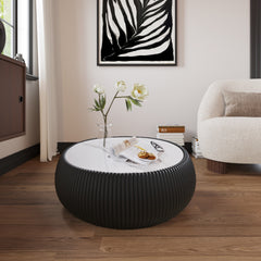 Light Sintered stone Top Drum Shape Leather Coffee modern Sofa Table for Living Room (Each tabletop has a unique grey pattern)