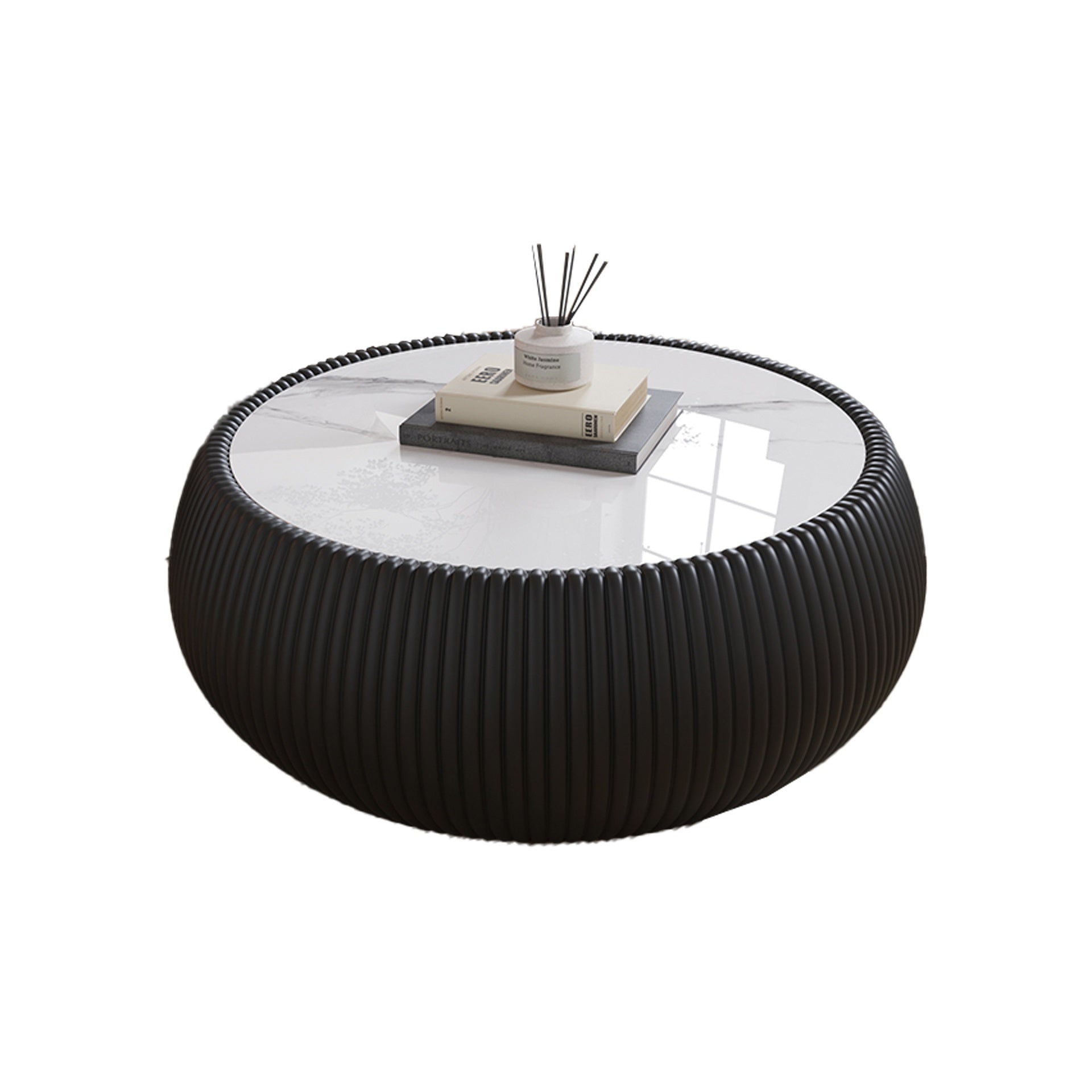 Light Sintered stone Top Drum Shape Leather Coffee modern Sofa Table for Living Room (Each tabletop has a unique grey pattern)