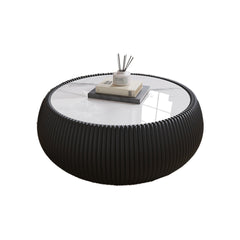 Light Sintered stone Top Drum Shape Leather Coffee modern Sofa Table for Living Room (Each tabletop has a unique grey pattern)