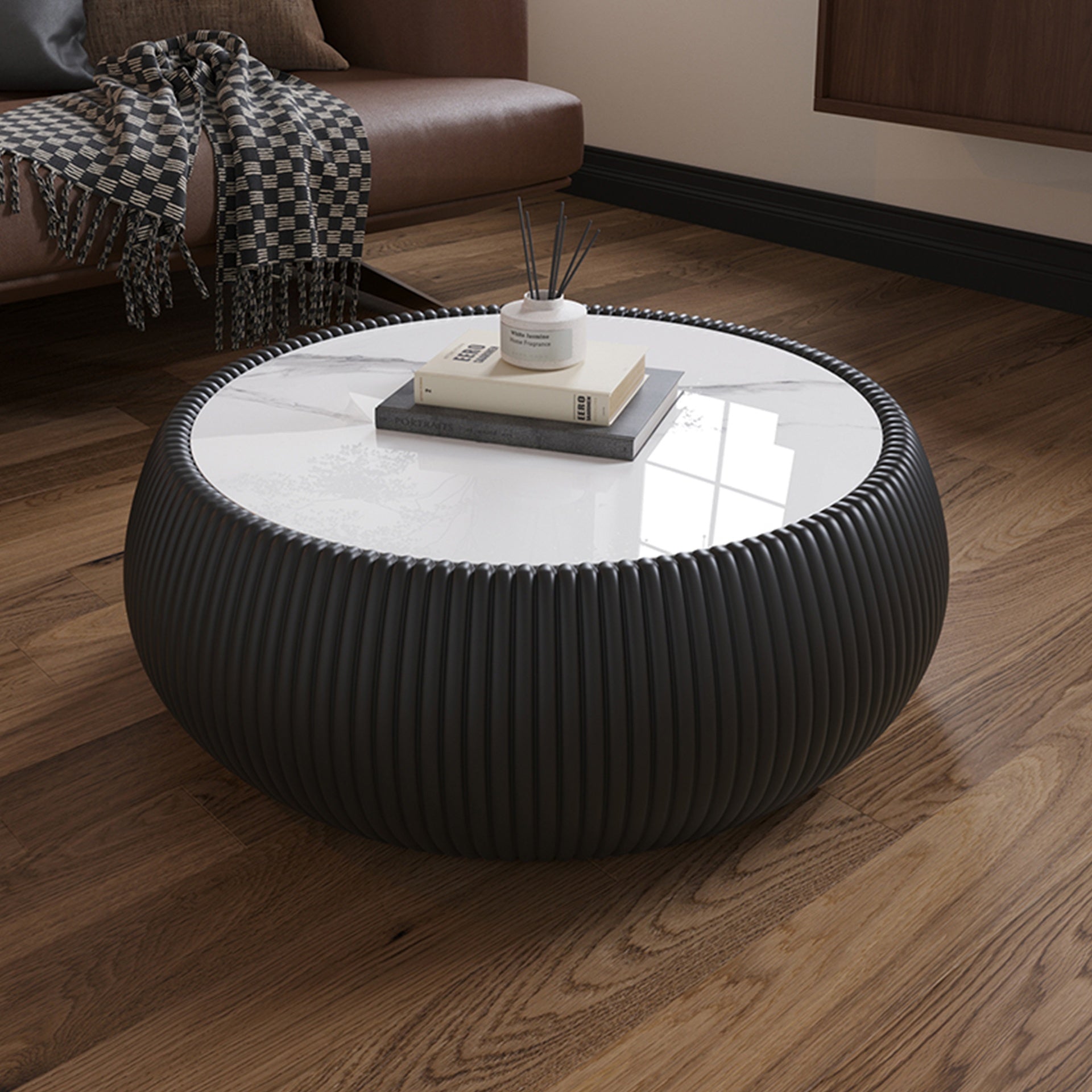 Light Sintered stone Top Drum Shape Leather Coffee modern Sofa Table for Living Room (Each tabletop has a unique grey pattern)
