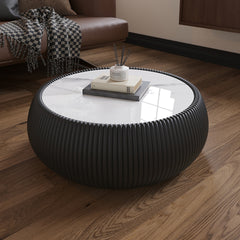 Light Sintered stone Top Drum Shape Leather Coffee modern Sofa Table for Living Room (Each tabletop has a unique grey pattern)