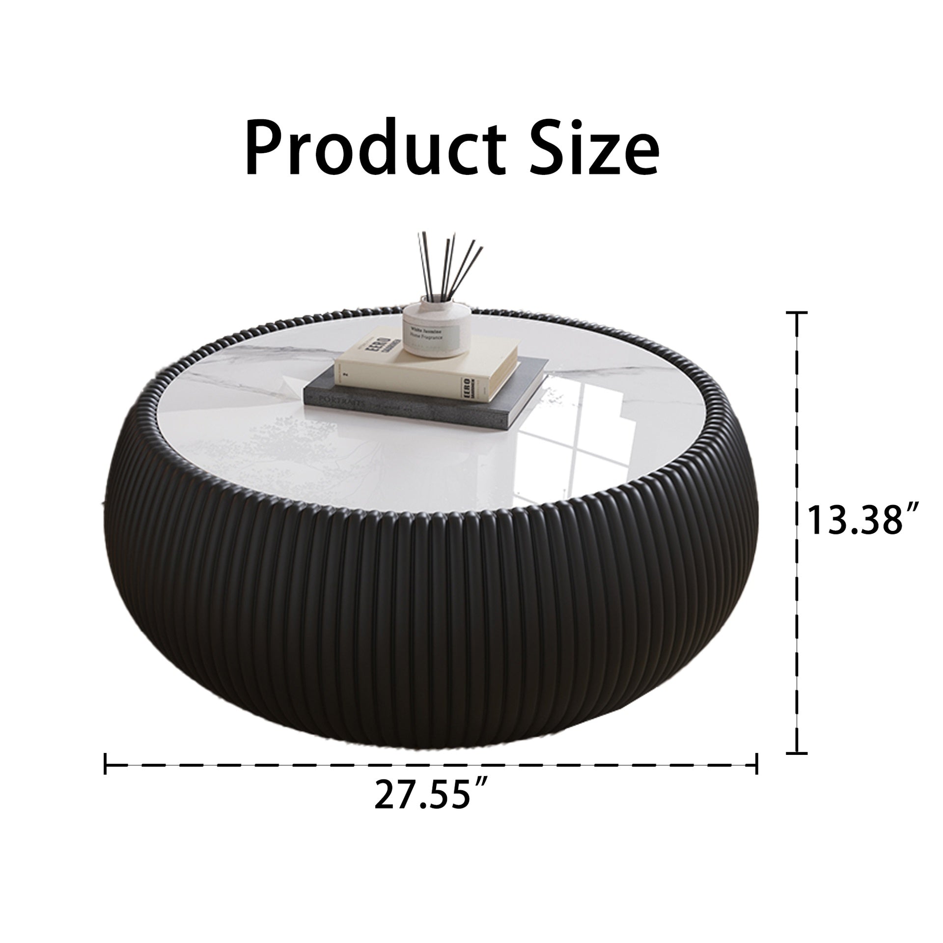 Light Sintered stone Top Drum Shape Leather Coffee modern Sofa Table for Living Room (Each tabletop has a unique grey pattern)