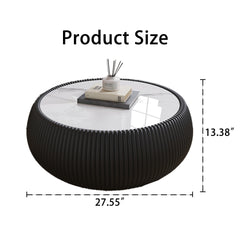 Light Sintered stone Top Drum Shape Leather Coffee modern Sofa Table for Living Room (Each tabletop has a unique grey pattern)