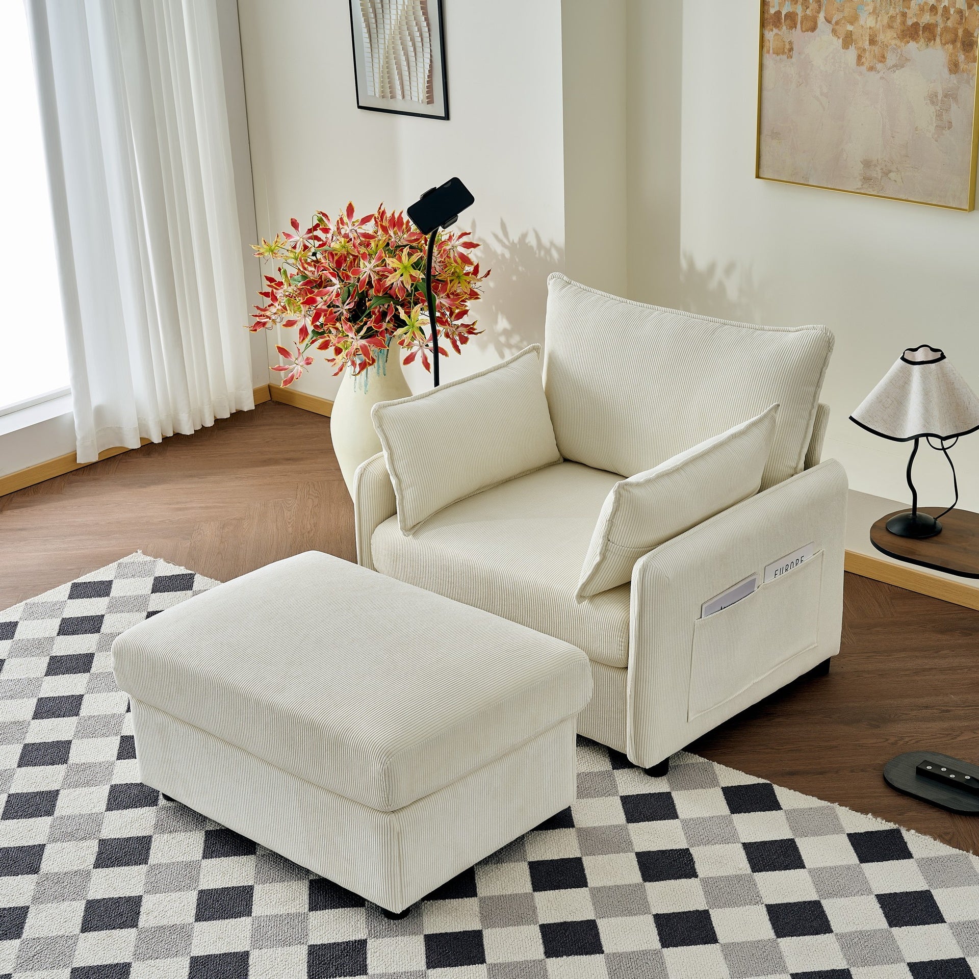 55" Oversized Chaise Lounge Chair Indoor with Ottoman and Storage , Comfy Corduroy Single Sofa, Upholstered Deep Seat Chaise Lounge with Pillows for Living Room, Bedroom, Apartment, Beige.