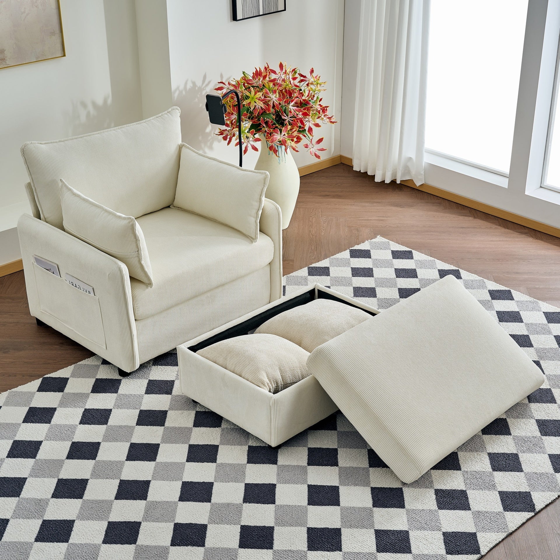 55" Oversized Chaise Lounge Chair Indoor with Ottoman and Storage , Comfy Corduroy Single Sofa, Upholstered Deep Seat Chaise Lounge with Pillows for Living Room, Bedroom, Apartment, Beige.