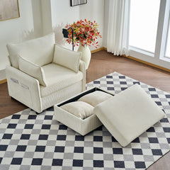 55" Oversized Chaise Lounge Chair Indoor with Ottoman and Storage , Comfy Corduroy Single Sofa, Upholstered Deep Seat Chaise Lounge with Pillows for Living Room, Bedroom, Apartment, Beige.