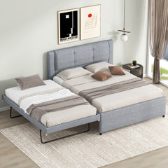 Full Size Upholstery platform bed with Trundle,Trundle can be flat or erected, Gray