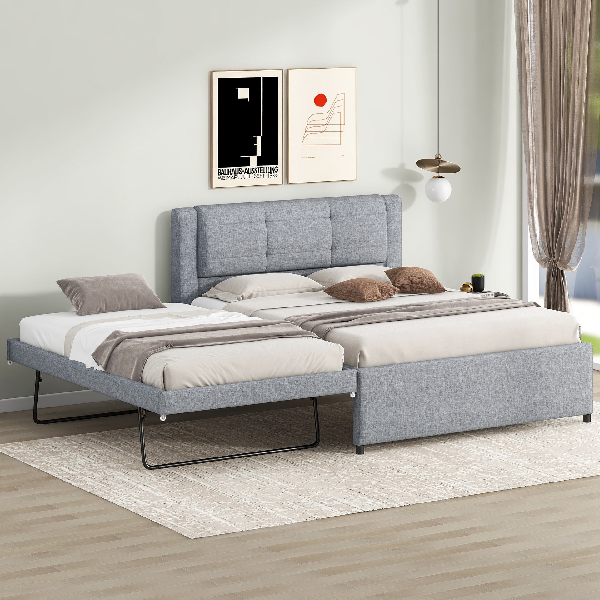 Full Size Upholstery platform bed with Trundle,Trundle can be flat or erected, Gray
