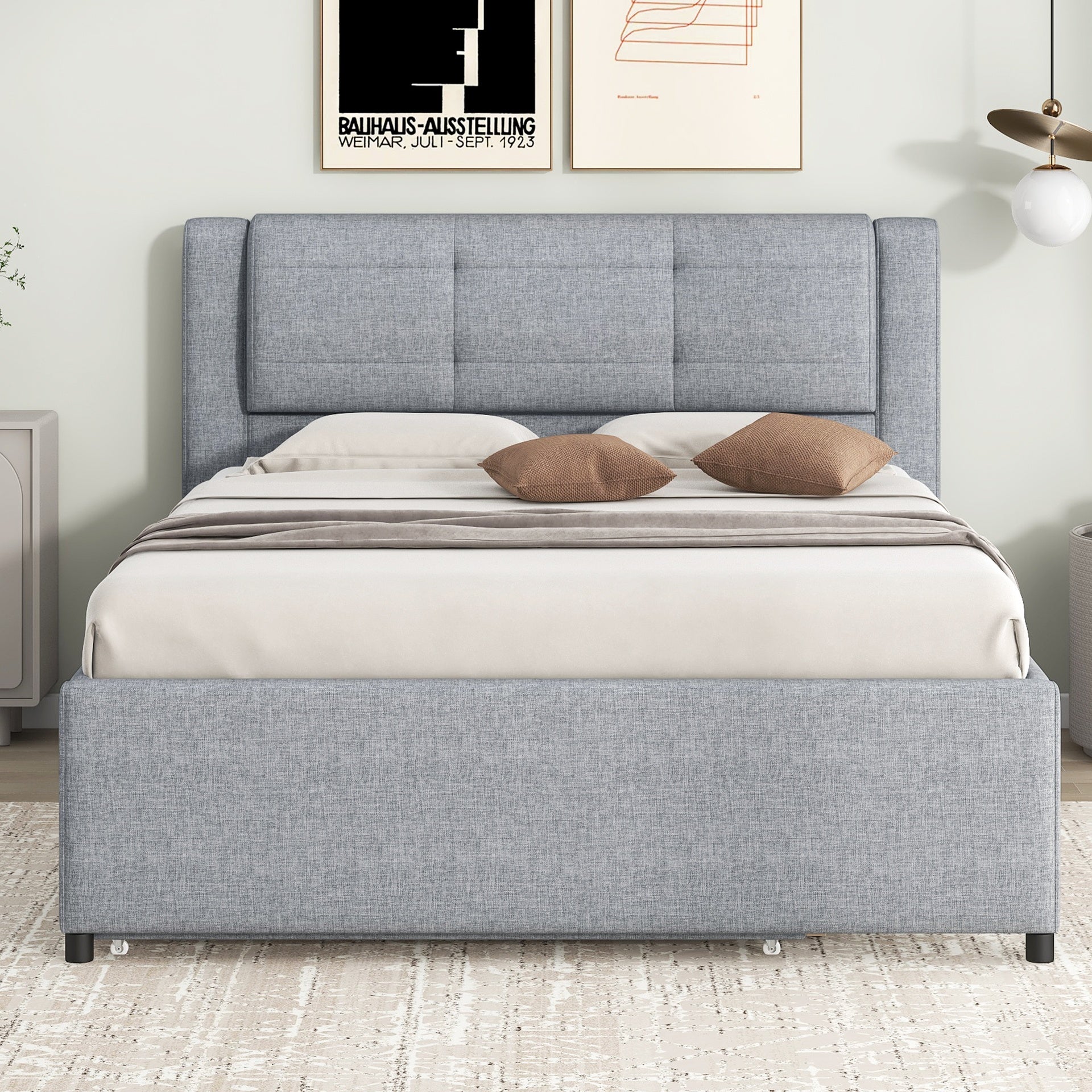 Full Size Upholstery platform bed with Trundle,Trundle can be flat or erected, Gray