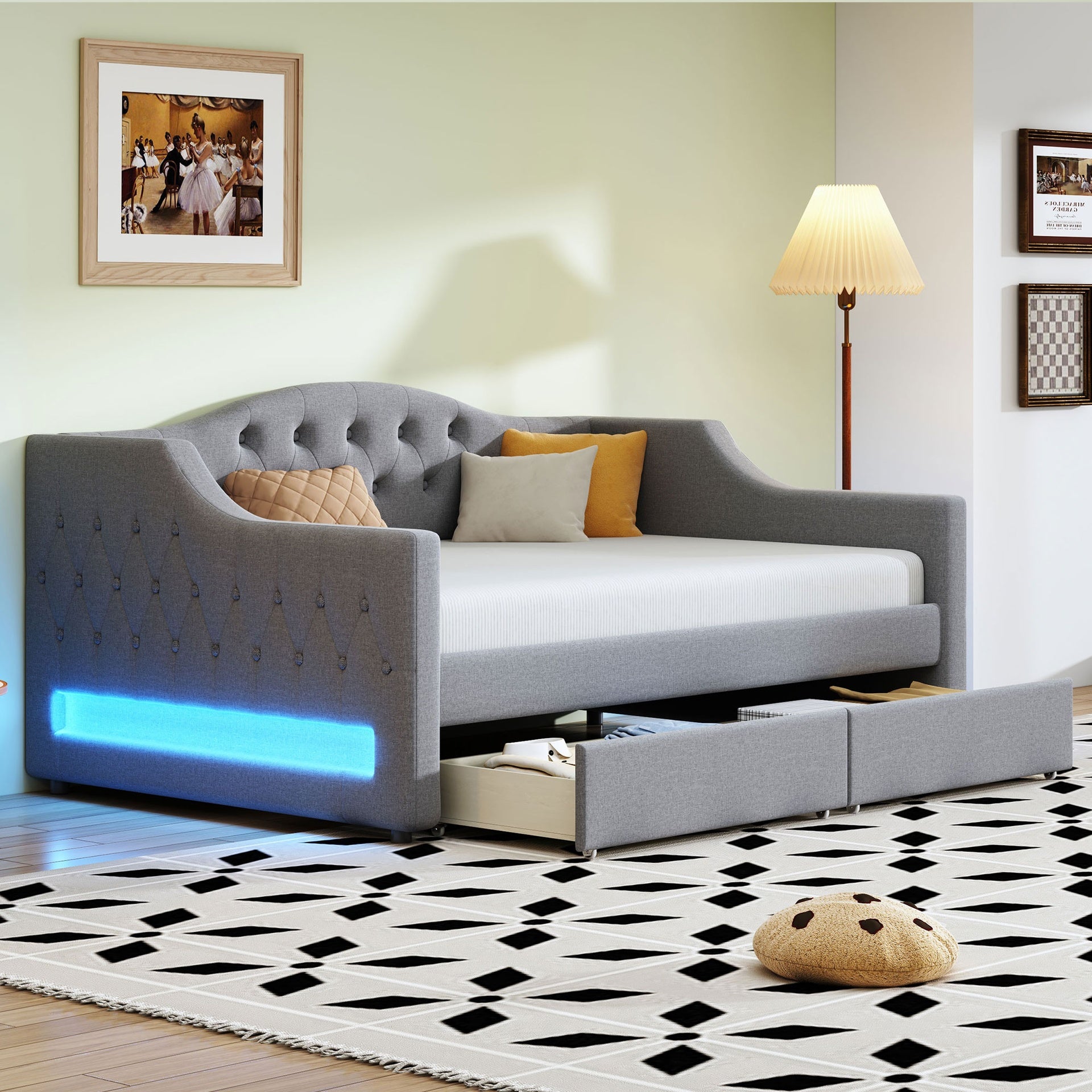 Upholstered Twin XL Size Daybed with LED Belt and 2 Drawers, Gray