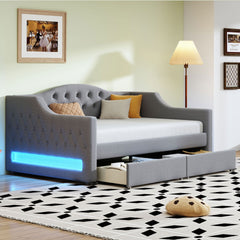 Upholstered Twin XL Size Daybed with LED Belt and 2 Drawers, Gray