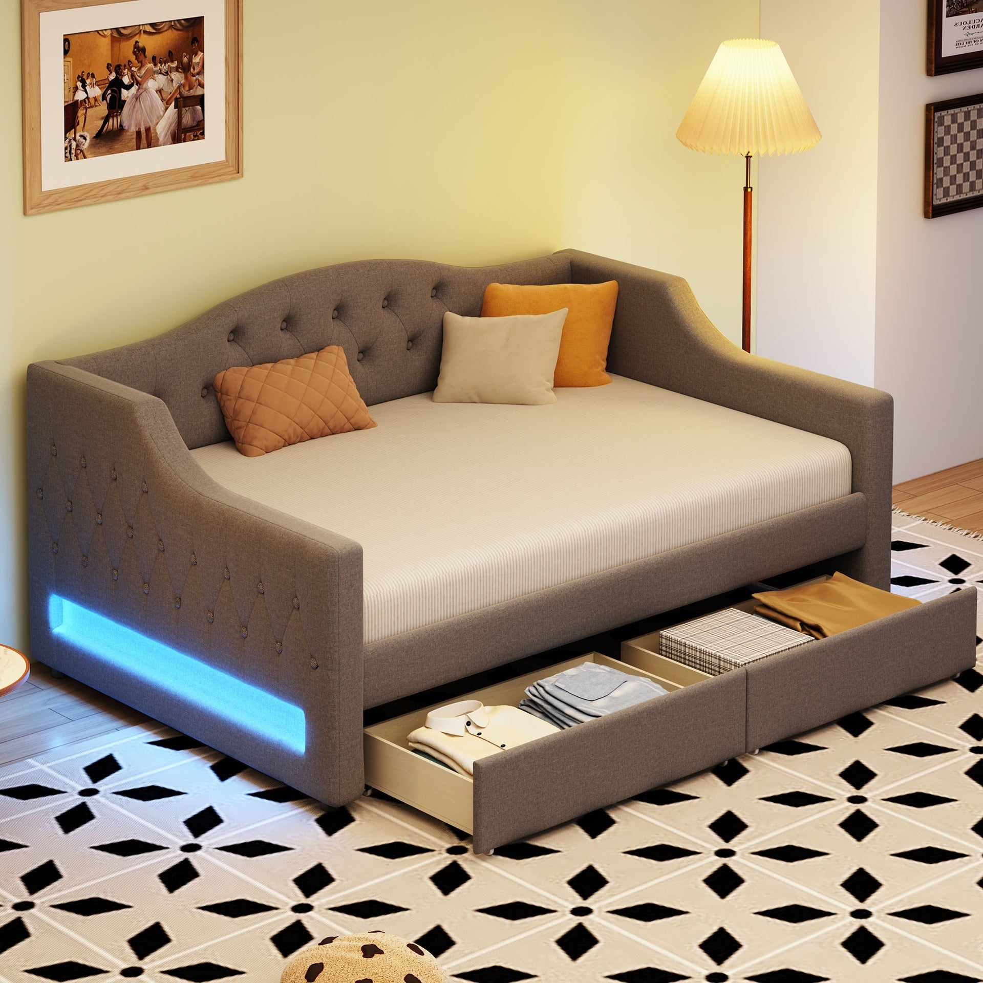 Upholstered Twin XL Size Daybed with LED Belt and 2 Drawers, Gray