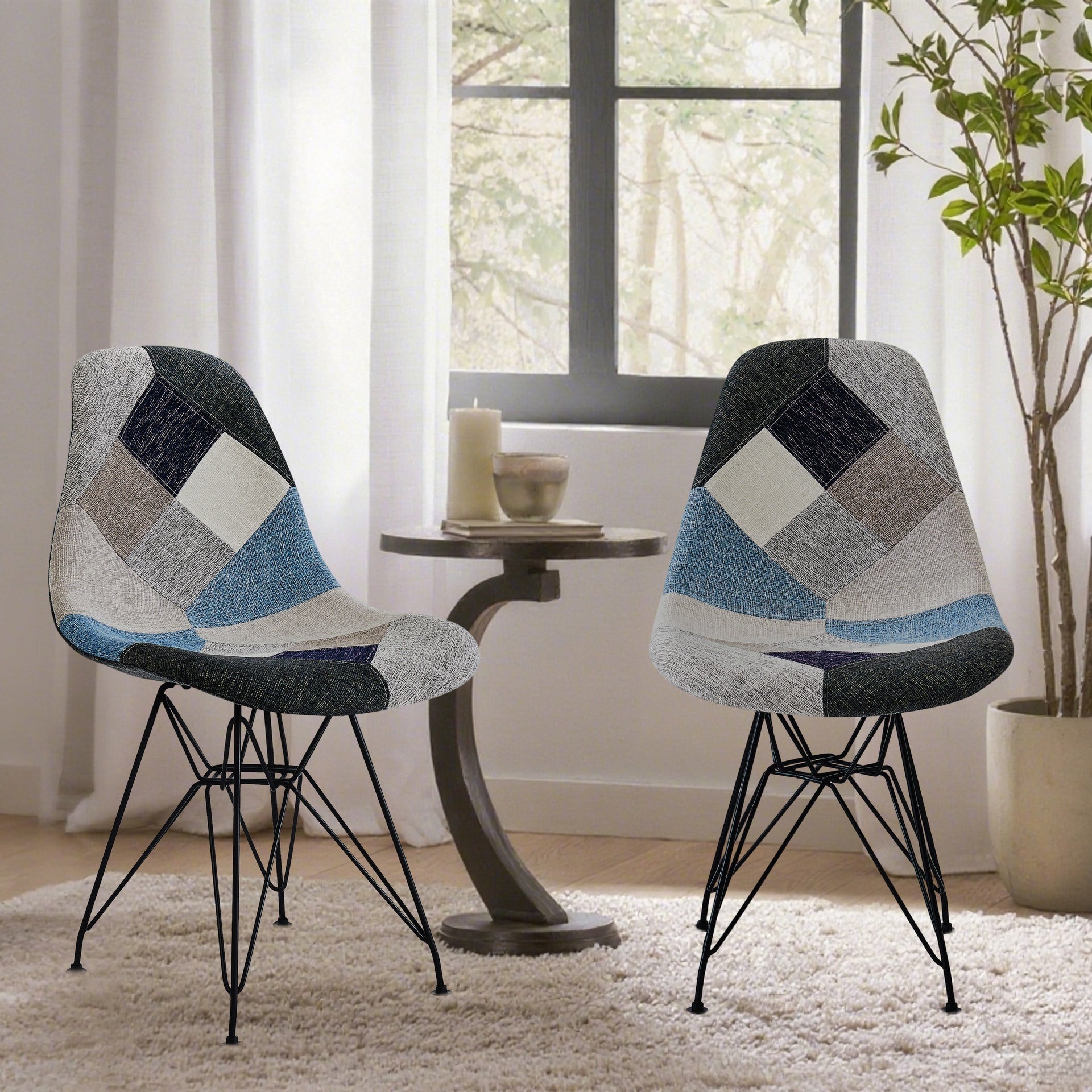 Patchwork Accent Chair Bohemian Style Fabric‎ Chair with Chromed Legs Geometric Pattern Chair, 18"D x 21"W x 32"H, Set of 2