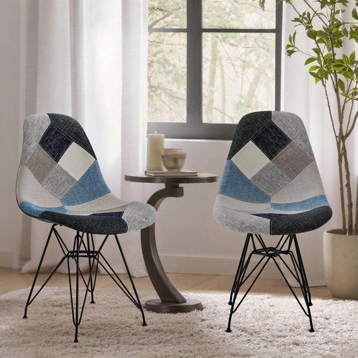 Patchwork Accent Chair Bohemian Style Fabric‎ Chair with Chromed Legs Geometric Pattern Chair, 18"D x 21"W x 32"H, Set of 2