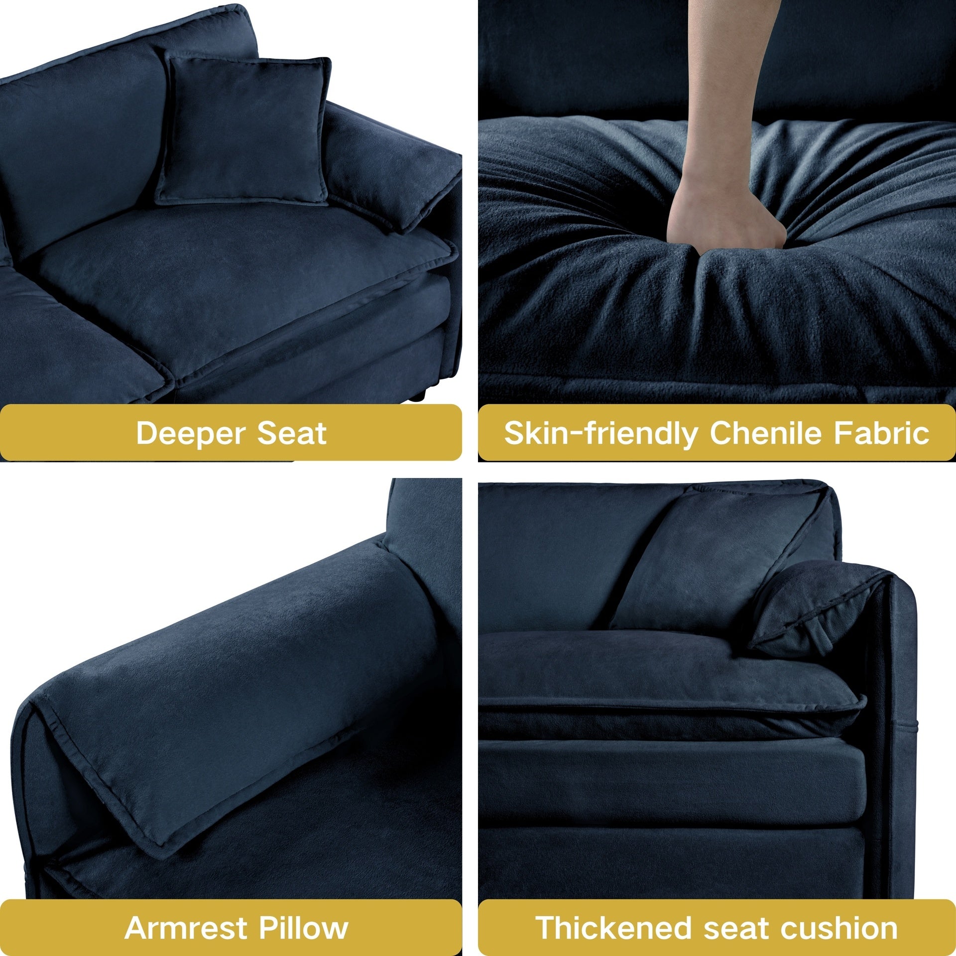 Luxury 2-Piece Chenille Cloud Loveseat Set with 3 Pillows, Deep Seat Modern Couch & Armchair for Living Room, Bedroom, or Office, DIY Combination,Blue