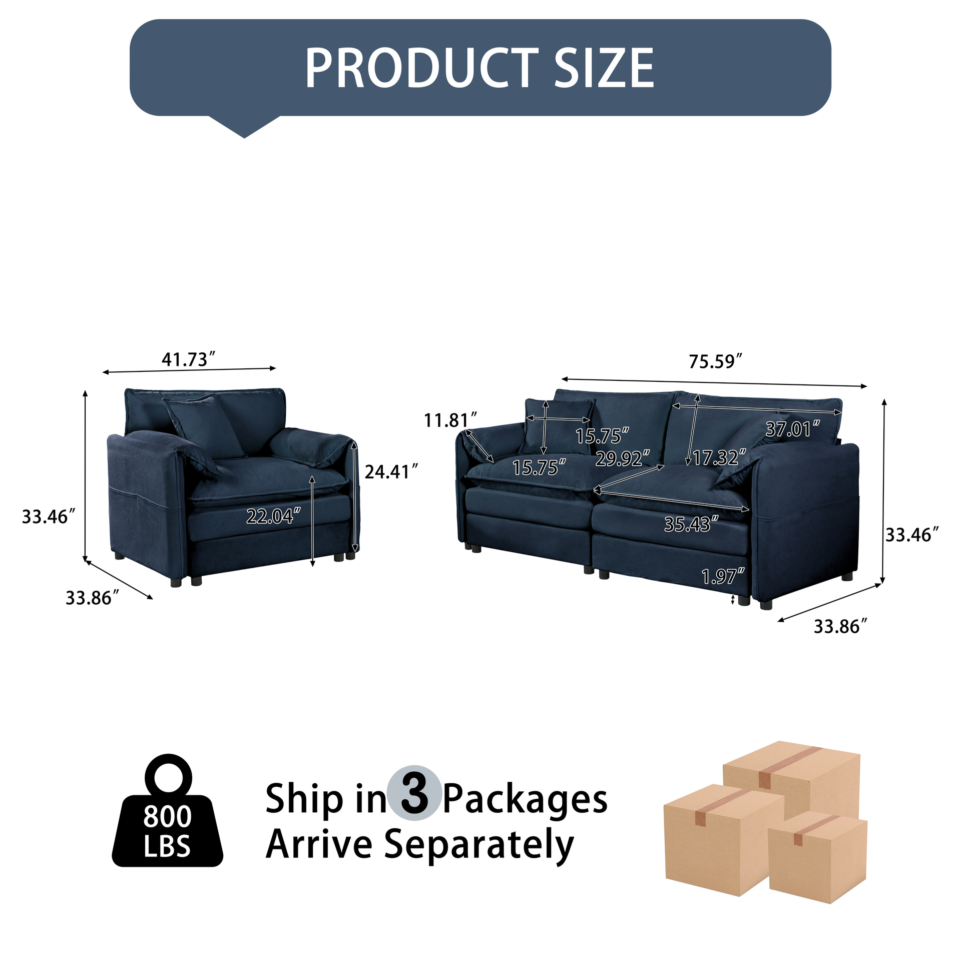 Luxury 2-Piece Chenille Cloud Loveseat Set with 3 Pillows, Deep Seat Modern Couch & Armchair for Living Room, Bedroom, or Office, DIY Combination,Blue