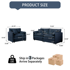 Luxury 2-Piece Chenille Cloud Loveseat Set with 3 Pillows, Deep Seat Modern Couch & Armchair for Living Room, Bedroom, or Office, DIY Combination,Blue