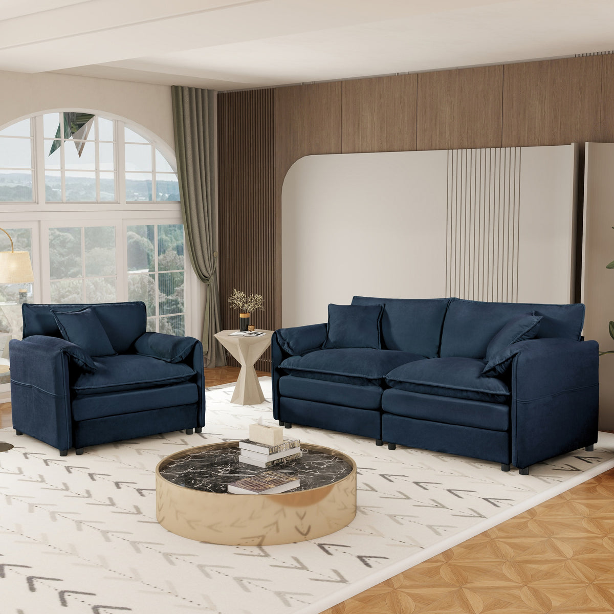 Luxury 2-Piece Chenille Cloud Loveseat Set with 3 Pillows, Deep Seat Modern Couch & Armchair for Living Room, Bedroom, or Office, DIY Combination,Blue