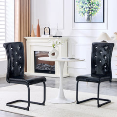 Set of 2,Retro alligator skin Upholstered dining chairs,with Crystal buckle design and Faux Leather design,a touch of elegance and mystery to the dining area,Black spray-painted metal bow leg