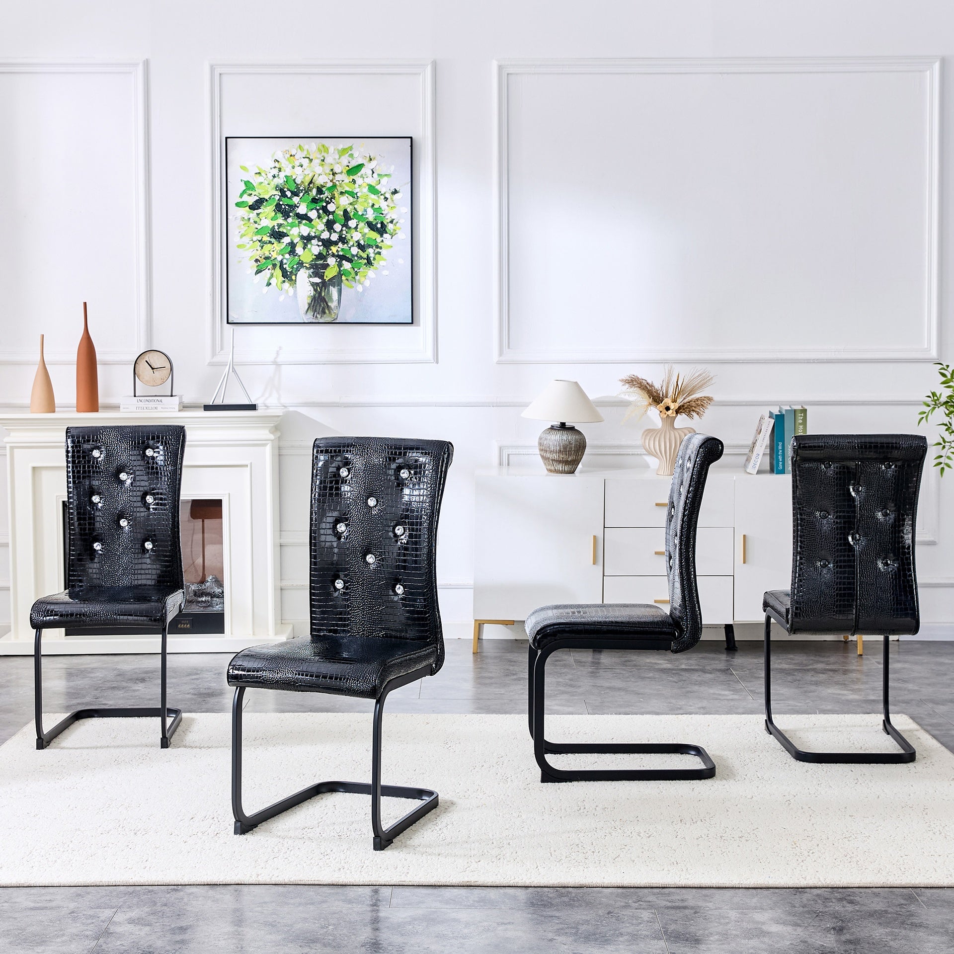 Set of 2,Retro alligator skin Upholstered dining chairs,with Crystal buckle design and Faux Leather design,a touch of elegance and mystery to the dining area,Black spray-painted metal bow leg