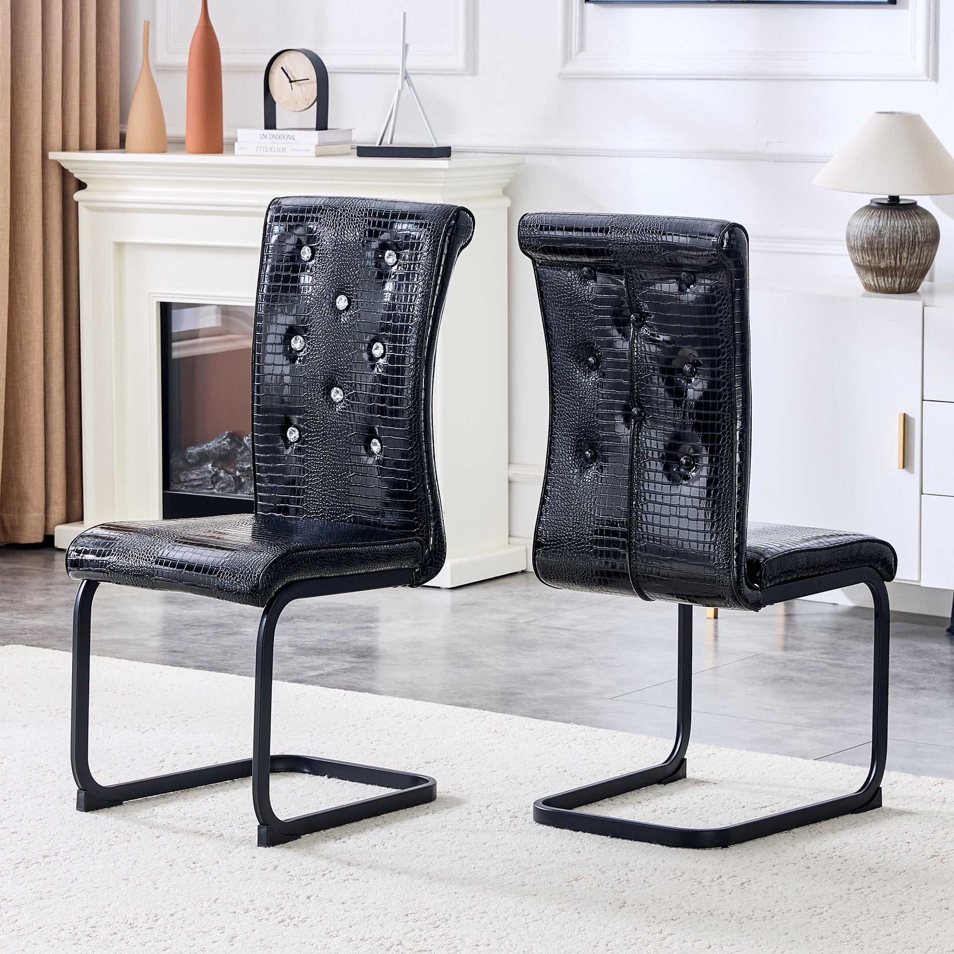 Set of 2,Retro alligator skin Upholstered dining chairs,with Crystal buckle design and Faux Leather design,a touch of elegance and mystery to the dining area,Black spray-painted metal bow leg