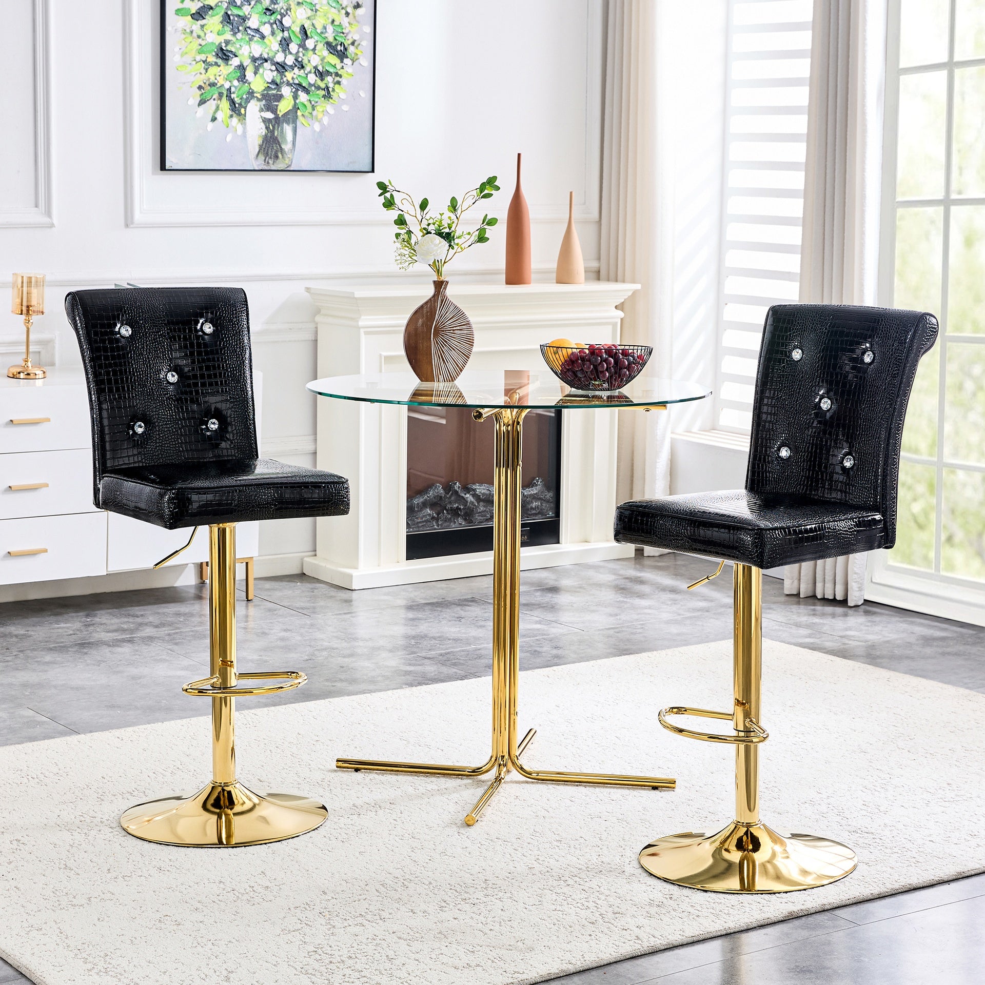 A set of 2 black vintage crocodile leather lift bar chairs, featuring crystal clasp design and synthetic leather design, adding a touch of elegance and mystery to the dining area