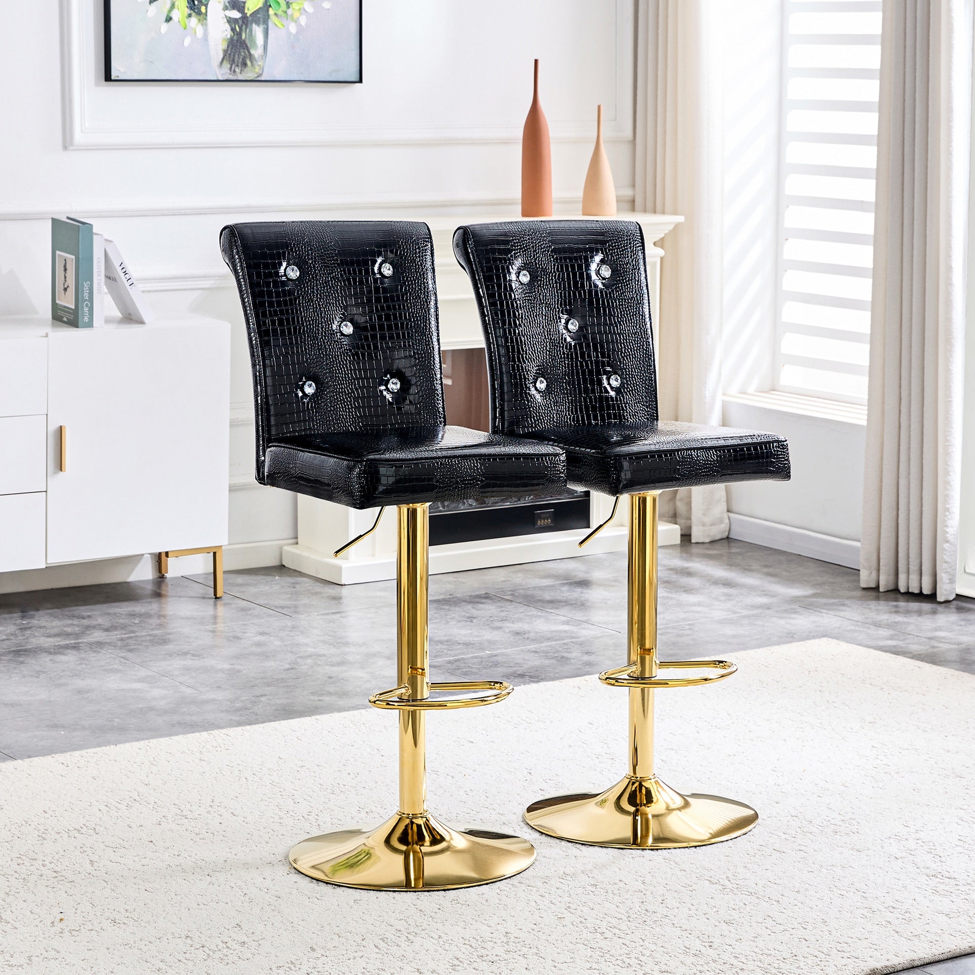 A set of 2 black vintage crocodile leather lift bar chairs, featuring crystal clasp design and synthetic leather design, adding a touch of elegance and mystery to the dining area