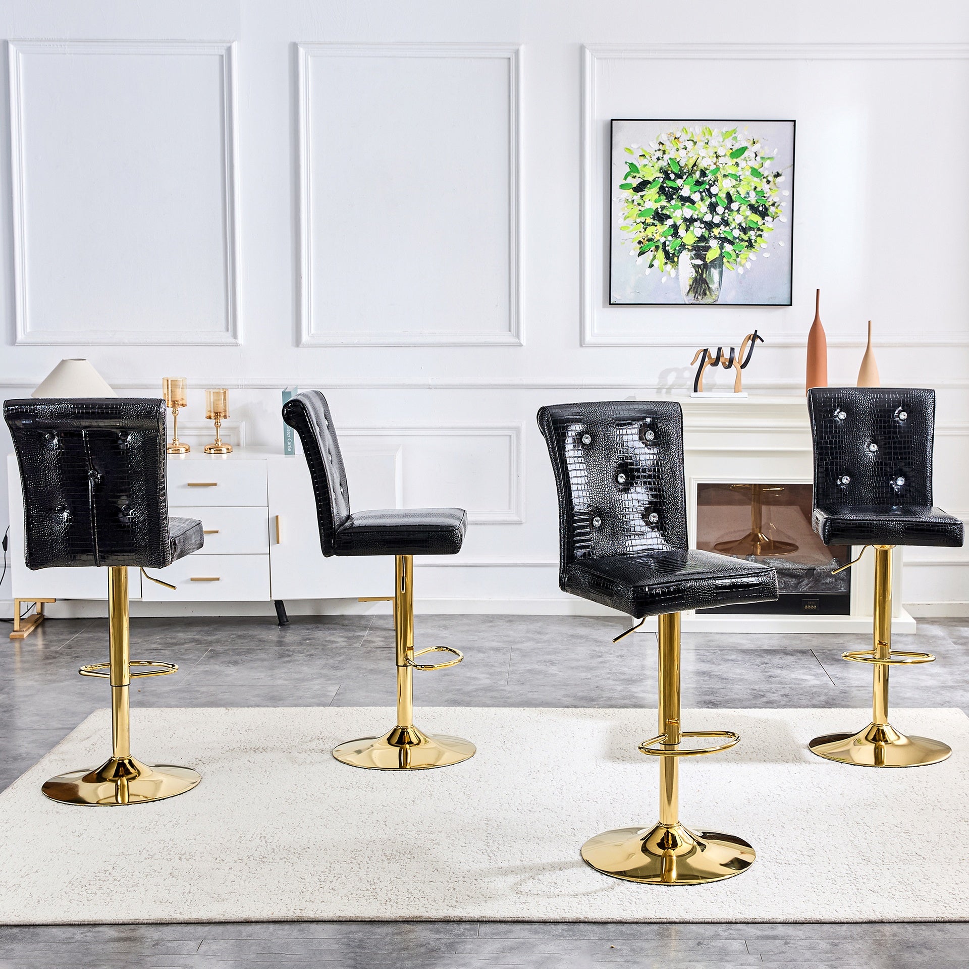 A set of 2 black vintage crocodile leather lift bar chairs, featuring crystal clasp design and synthetic leather design, adding a touch of elegance and mystery to the dining area