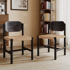 Wooden Dining Chairs with Beige Paper Rope Weave Seat, Indoor Armless Kitchen Chairs, Set of 2
