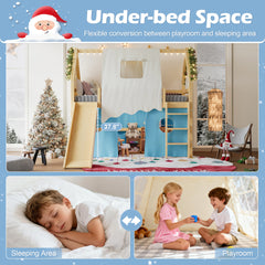 Twin Size House Loft Bed with Sills and Tents, Solid Wood Loft Bed with Ladders and Slide, Chic Design with Lights, No Box Spring Needed, Natural+Blue
