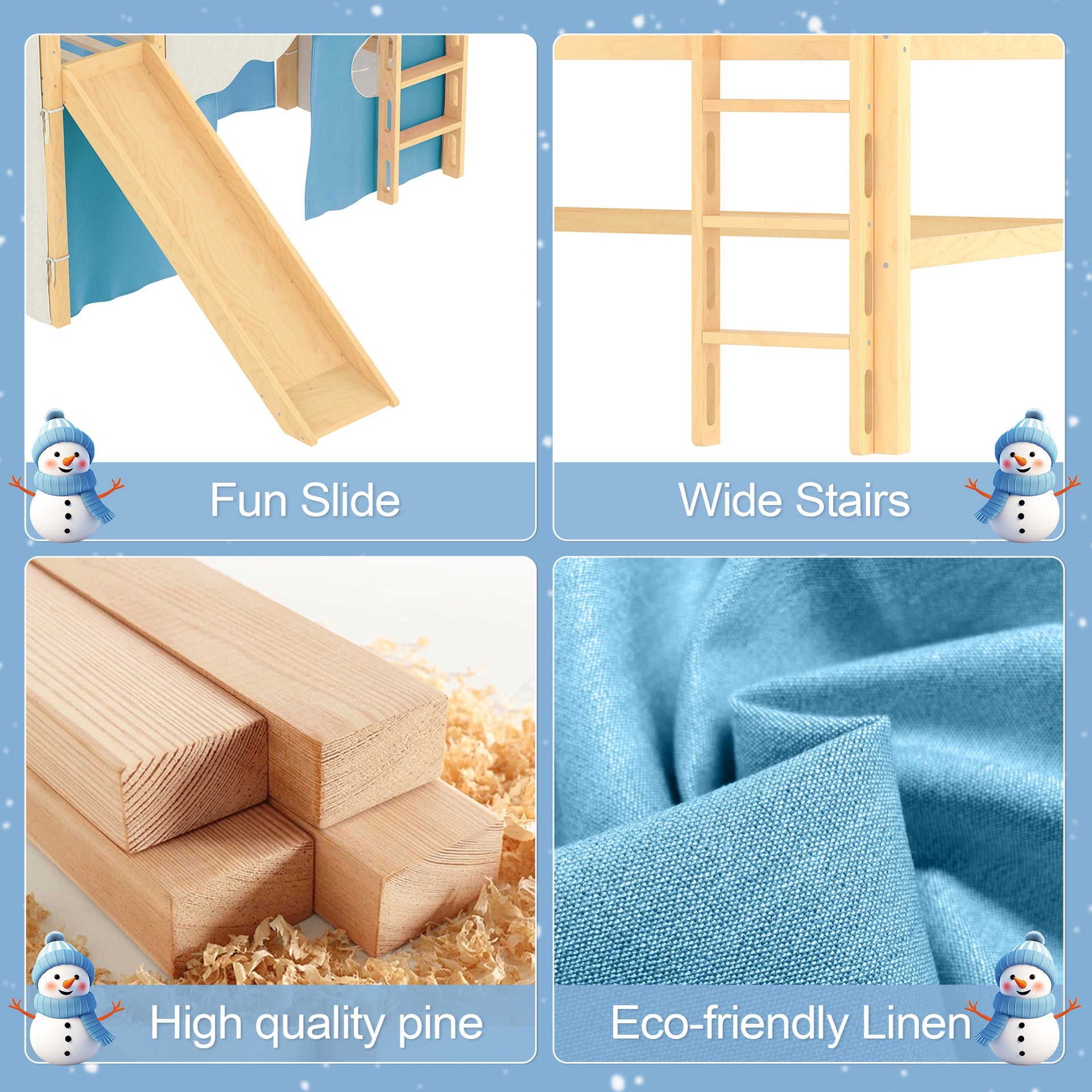 Twin Size House Loft Bed with Sills and Tents, Solid Wood Loft Bed with Ladders and Slide, Chic Design with Lights, No Box Spring Needed, Natural+Blue