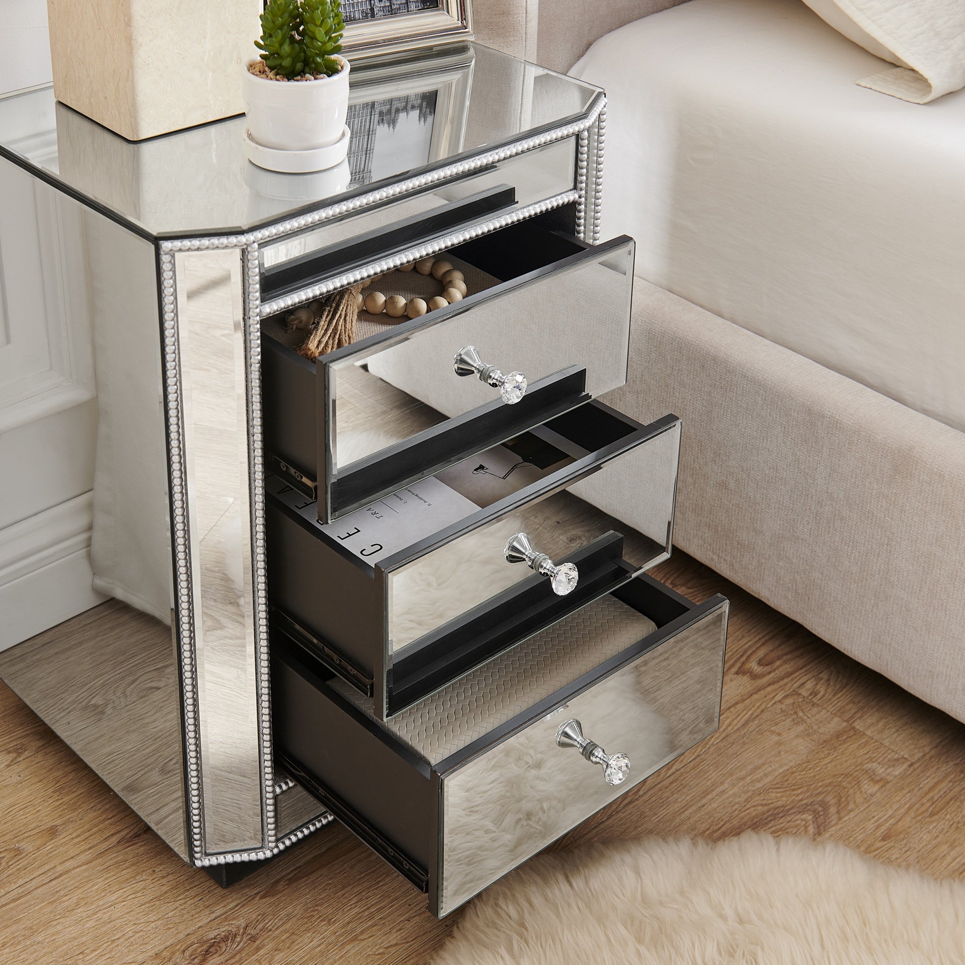 3-Drawer Mirrored Nightstand Bedside Table, Modern End Side Table, Mirrored Nightstand, Mirrored Side Table for Living Room, Bedroom, Entryway 17.7"W x 13.8"D x 23.6"H