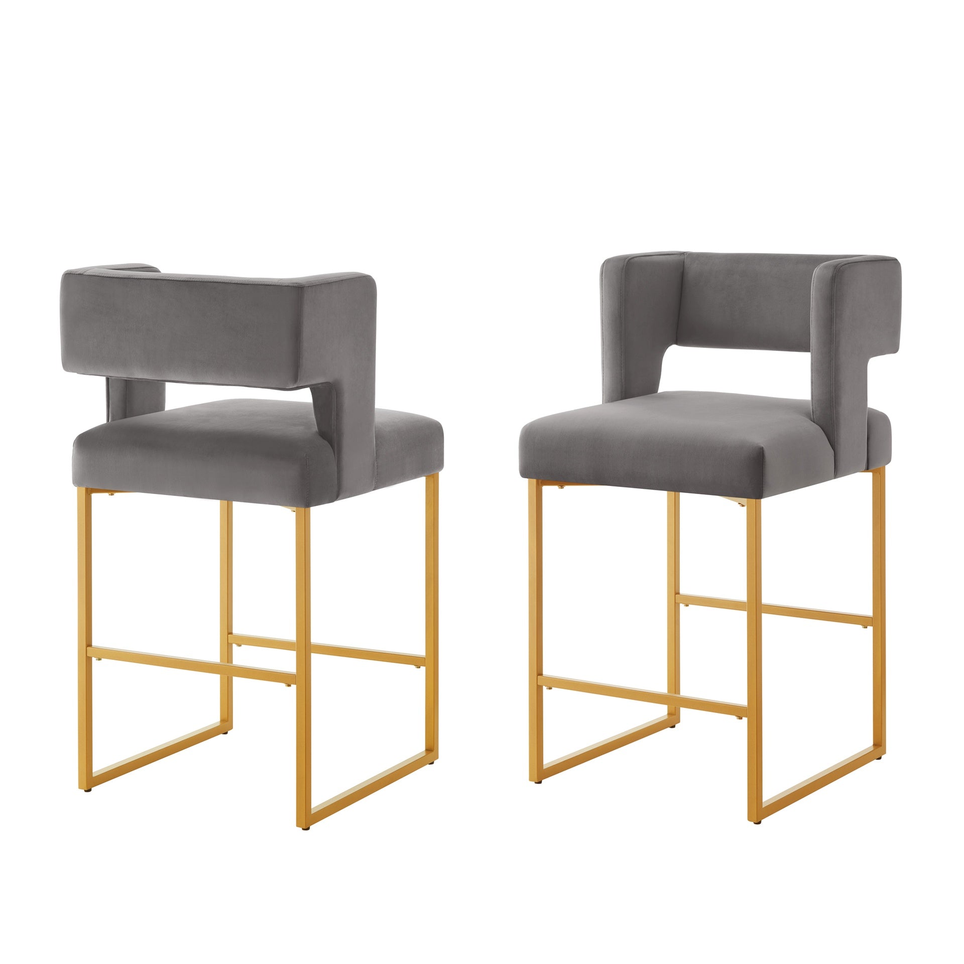 Modern Fashion Counter Height Bar Stools with Unique Square Open Backrest, Set of 2 Versatile Bar Chairs with Sturdy Iron Legs, 26" H Counter Height Chairs for kitchen islands,Dark Gray /Gold