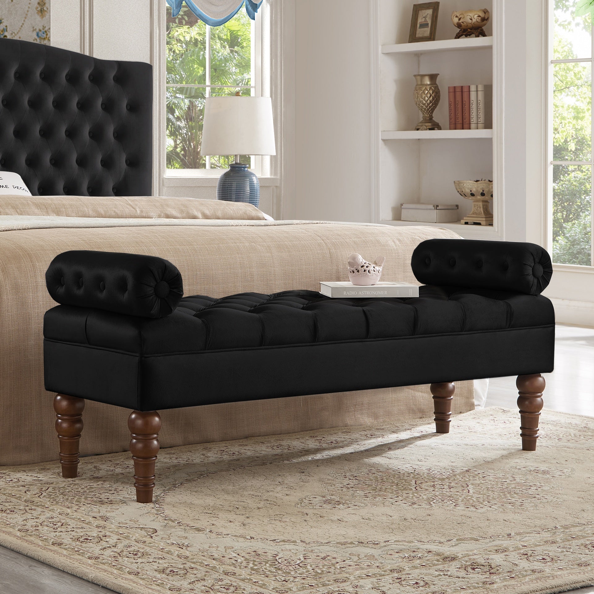 Velvet Long bed Bench for Bedroom,Upholstered Window Bench with Tufted Button,Entryway Bench,Bolster Bench for Living Room-Black
