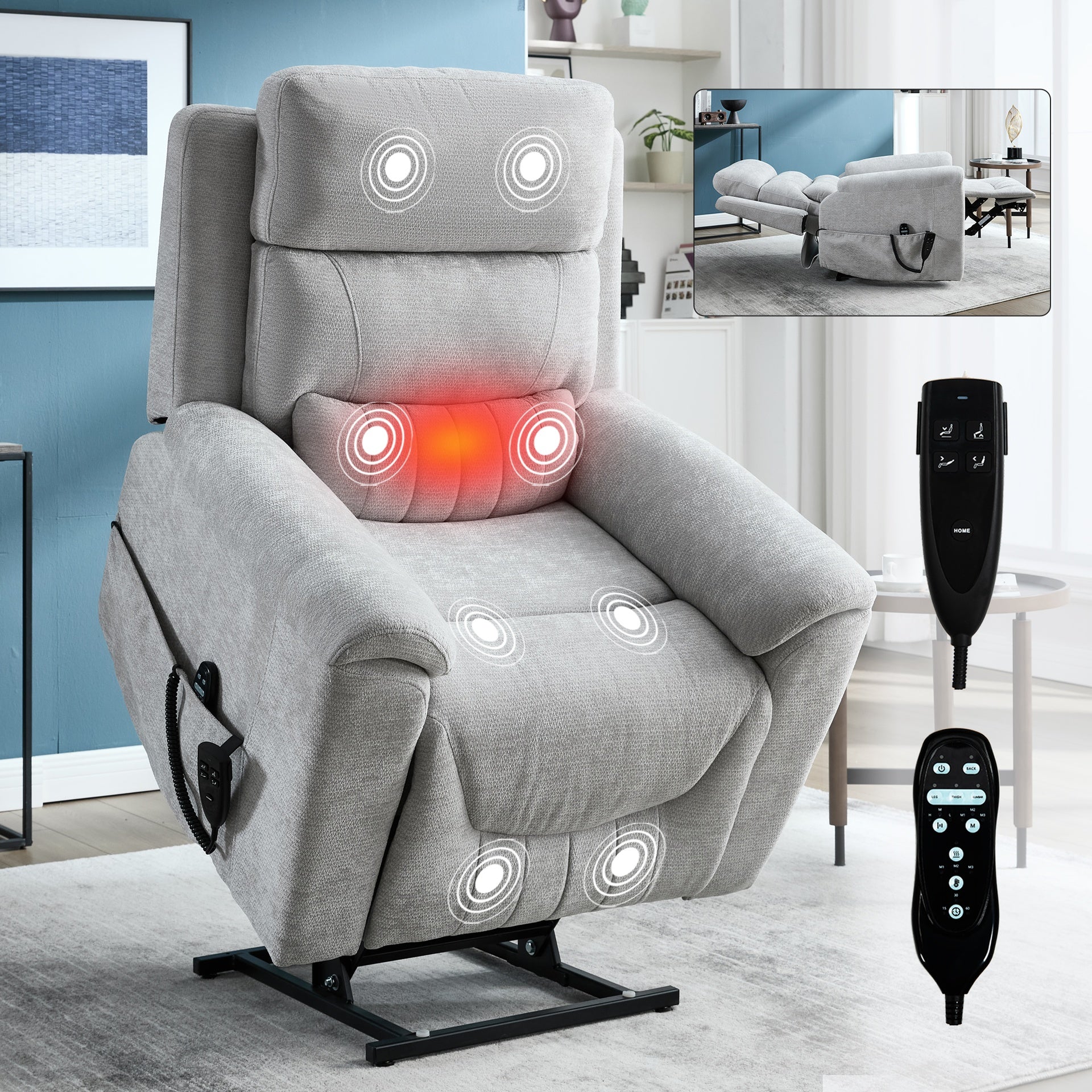 Dual Motor Infinite Position Up to 350 LBS Leatherair Power Lift Recliner Chair, Heavy Duty Motion Mechanism with 8-Point Vibration Massage and Lumbar Heating,Grey