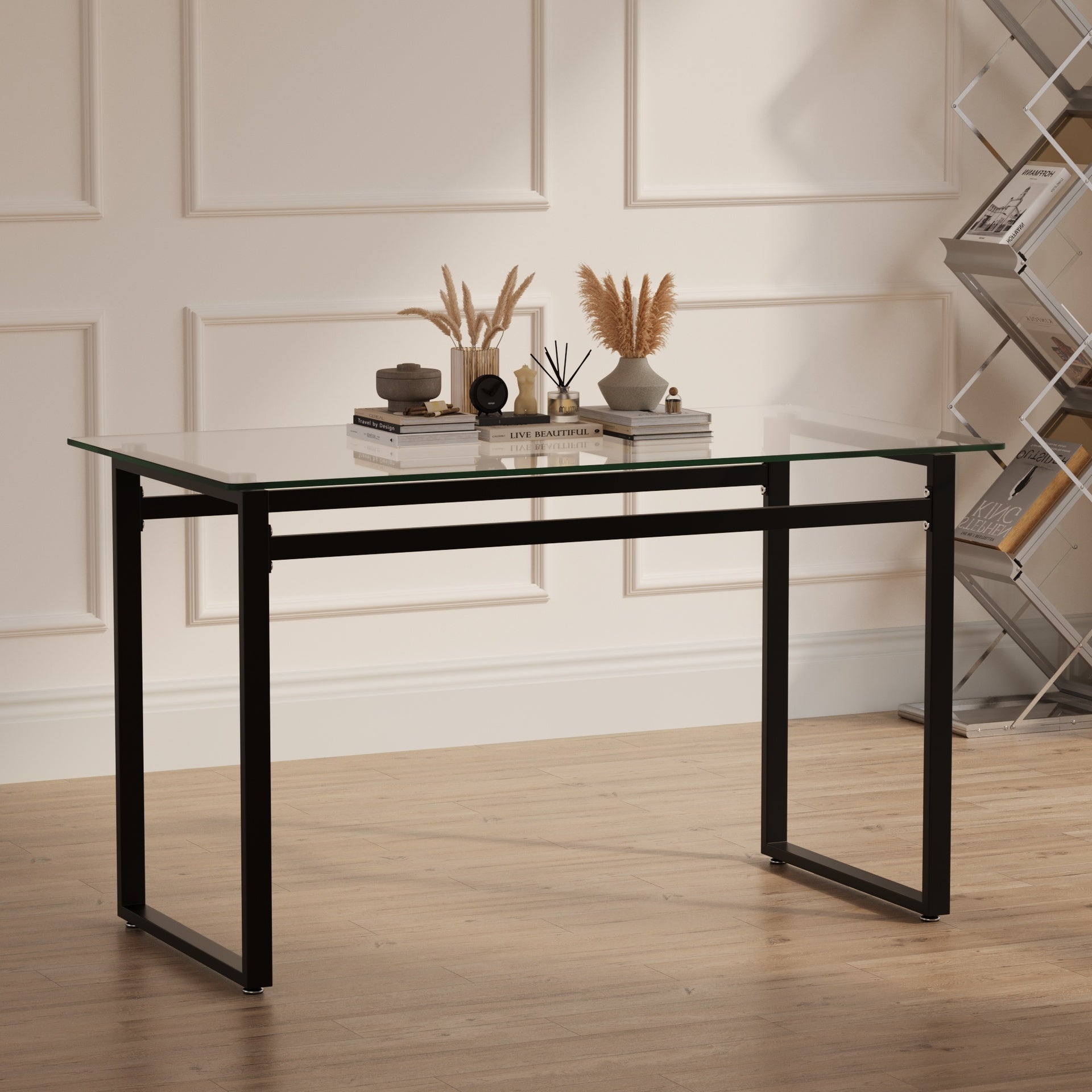 51" Modern Minimalist Rectangular Glass Dining Table for 4-6 with 0.31" Tempered Glass Tabletop and Black Chrome Metal Legs, Writing Table Desk, for Kitchen Dining Living Room (0 damage)