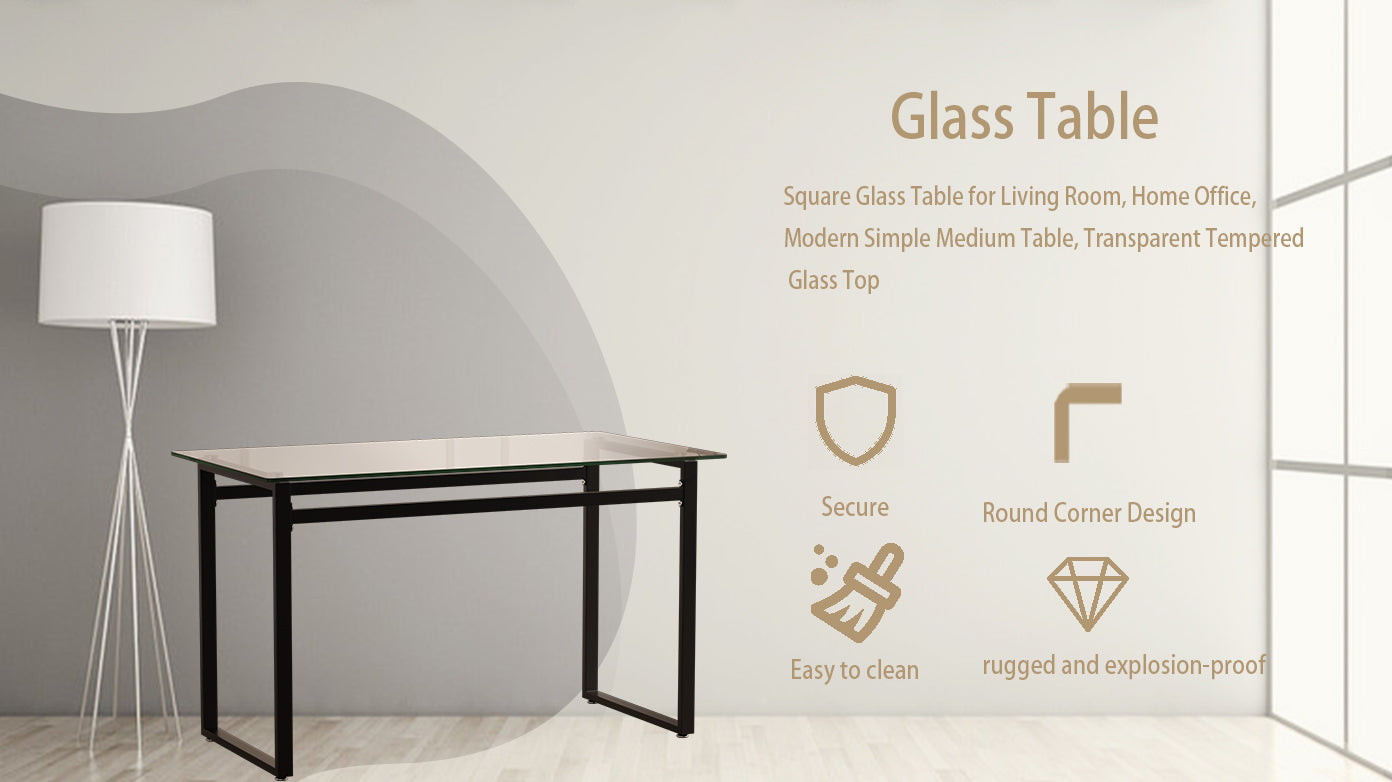 51" Modern Minimalist Rectangular Glass Dining Table for 4-6 with 0.31" Tempered Glass Tabletop and Black Chrome Metal Legs, Writing Table Desk, for Kitchen Dining Living Room (0 damage)