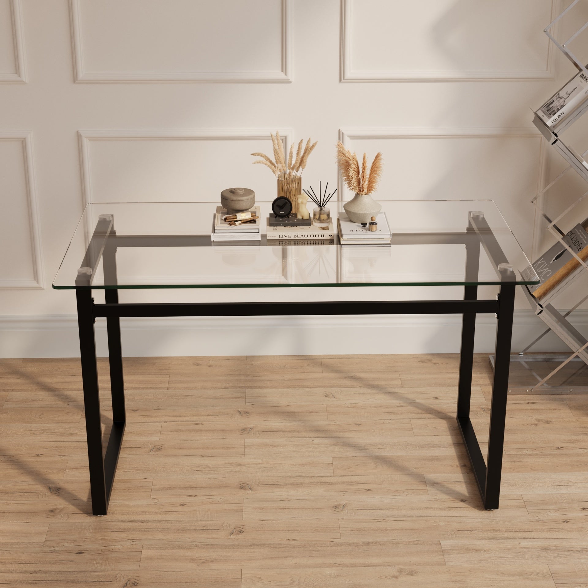 51" Modern Minimalist Rectangular Glass Dining Table for 4-6 with 0.31" Tempered Glass Tabletop and Black Chrome Metal Legs, Writing Table Desk, for Kitchen Dining Living Room (0 damage)
