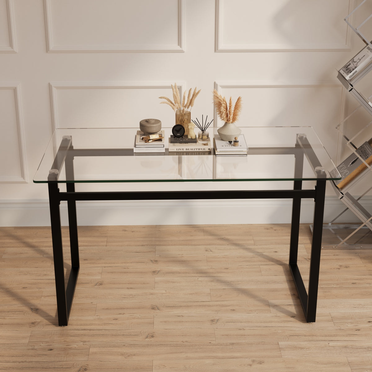 51" Modern Minimalist Rectangular Glass Dining Table for 4-6 with 0.31" Tempered Glass Tabletop and Black Chrome Metal Legs, Writing Table Desk, for Kitchen Dining Living Room (0 damage)