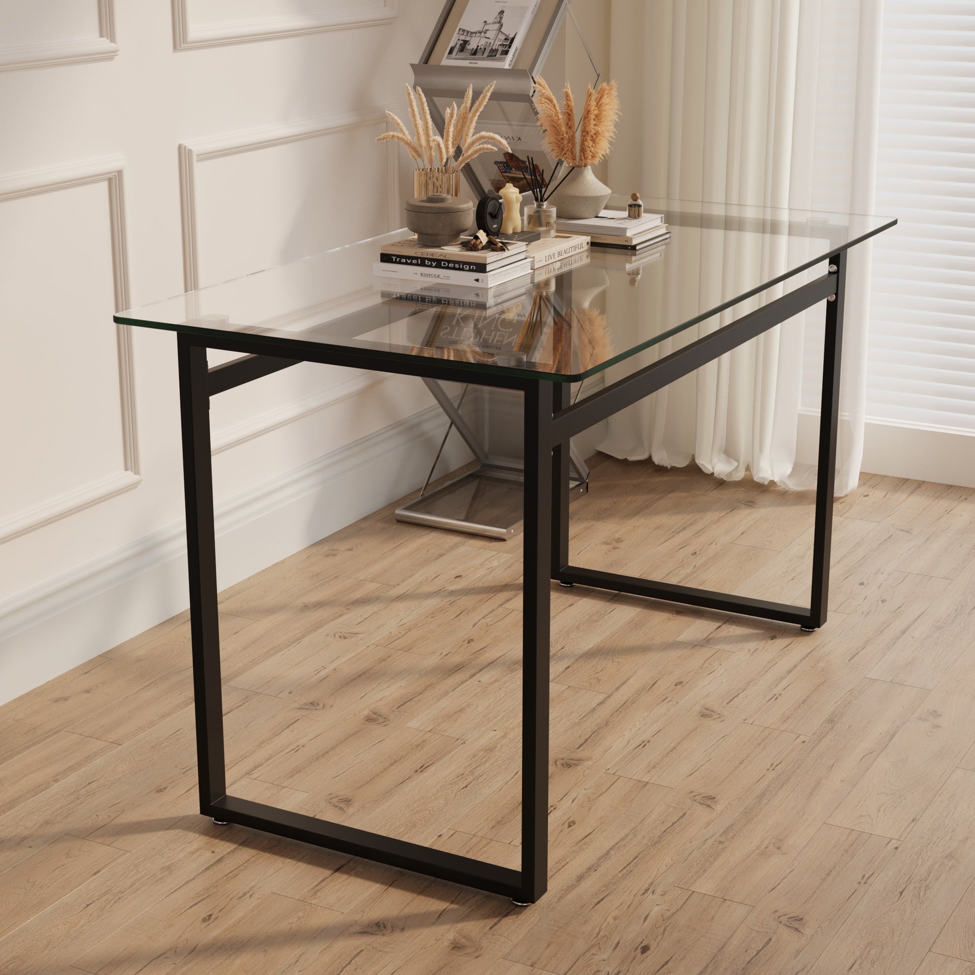 51" Modern Minimalist Rectangular Glass Dining Table for 4-6 with 0.31" Tempered Glass Tabletop and Black Chrome Metal Legs, Writing Table Desk, for Kitchen Dining Living Room (0 damage)