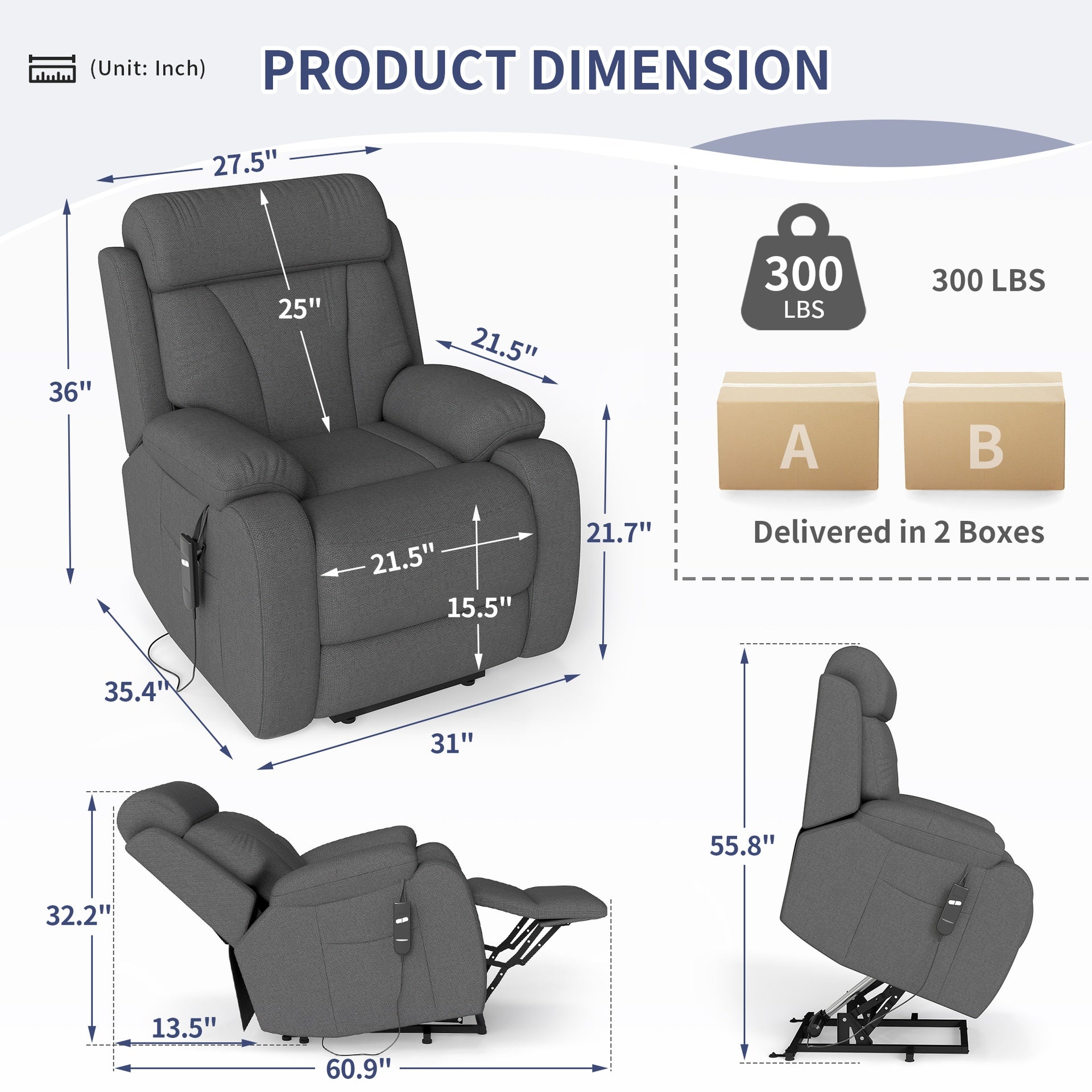 Power Lift Recliner for Elderly, Lift Chair Recliners for Small Spaces, Electric Recliner Chairs for Seniors, Remote Control, Adjustable, Side Pocket (Dark Gray+ Snowflake Velvet)
