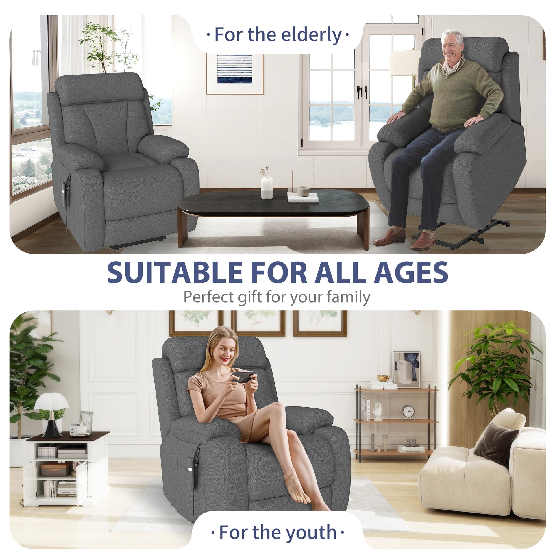Power Lift Recliner for Elderly, Lift Chair Recliners for Small Spaces, Electric Recliner Chairs for Seniors, Remote Control, Adjustable, Side Pocket (Dark Gray+ Snowflake Velvet)