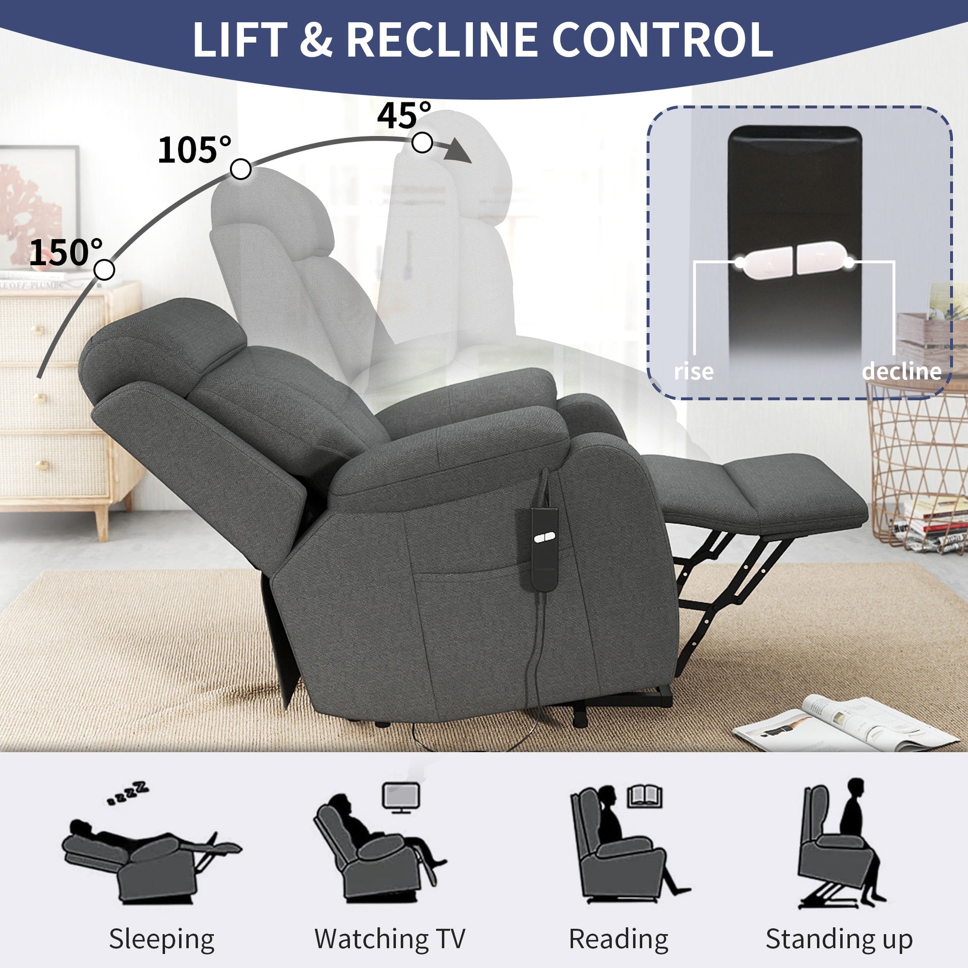 Power Lift Recliner for Elderly, Lift Chair Recliners for Small Spaces, Electric Recliner Chairs for Seniors, Remote Control, Adjustable, Side Pocket (Dark Gray+ Snowflake Velvet)