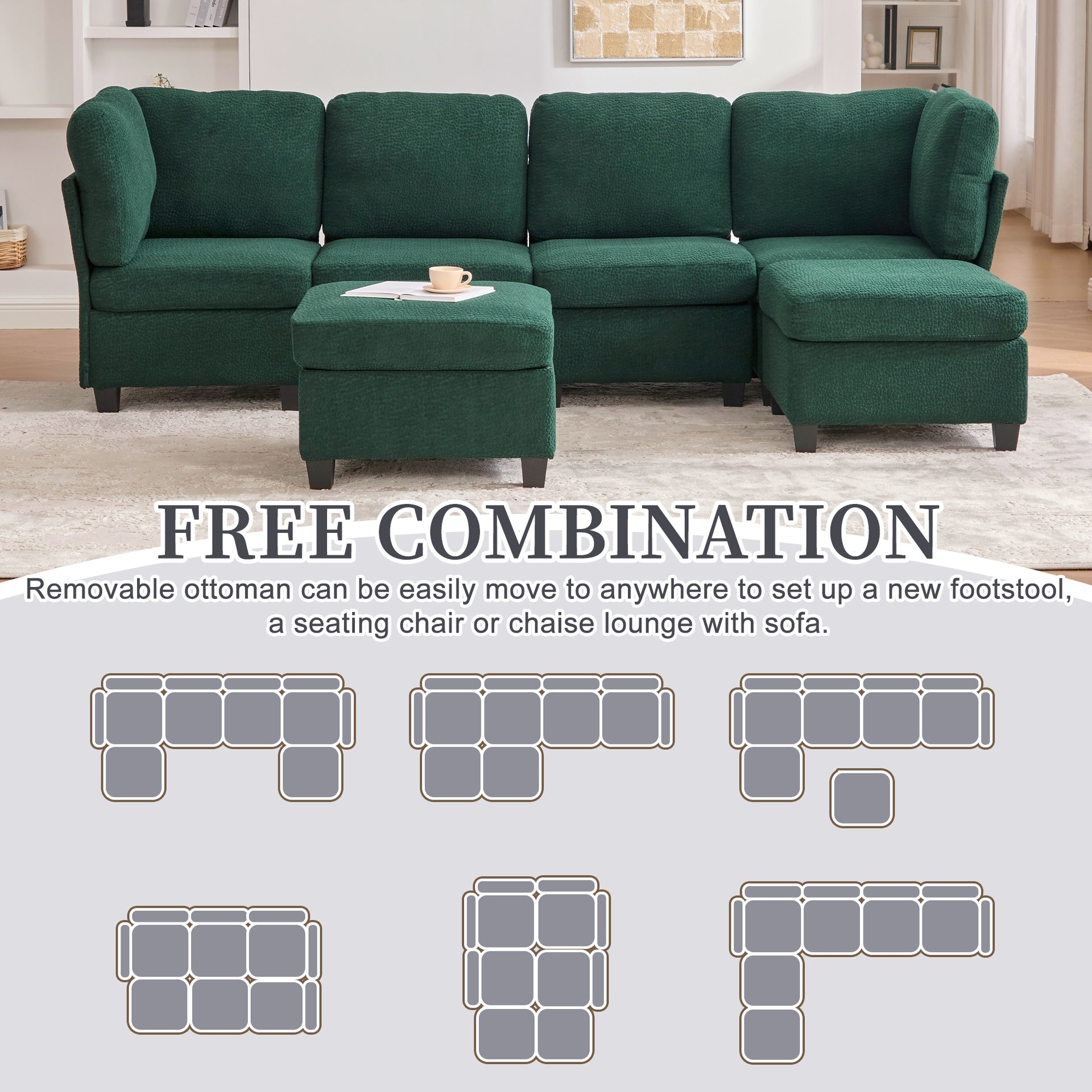 UNITED WE WIN Modular Sectional Sofa: Freely Combinable 6-Seat Convertible Sectionals with Chaise, U Shaped Oversized Sectional Couches with Storage Ottoman for Home Apartment Office