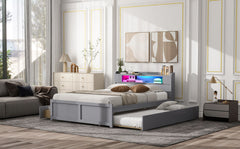 Queen Size Wood Storage Platform Bed with LED, 2 Drawers and 1 Twin Size Trundle, Gray