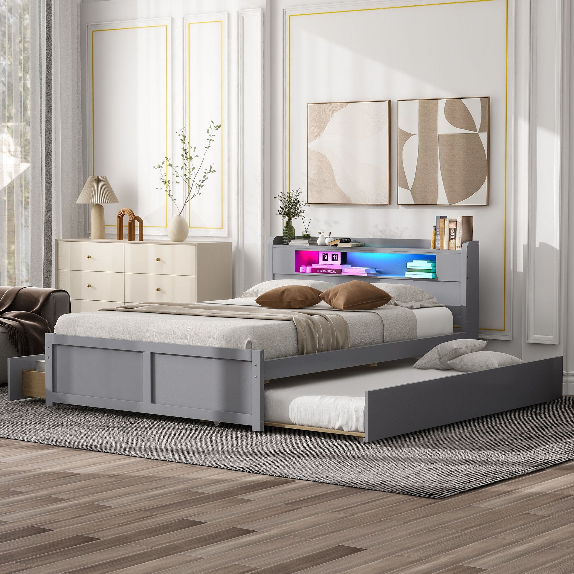 Queen Size Wood Storage Platform Bed with LED, 2 Drawers and 1 Twin Size Trundle, Gray